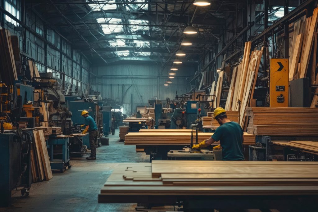 North Carolina woodworking factory workers processing lumber with industrial machines and practicing workplace safety