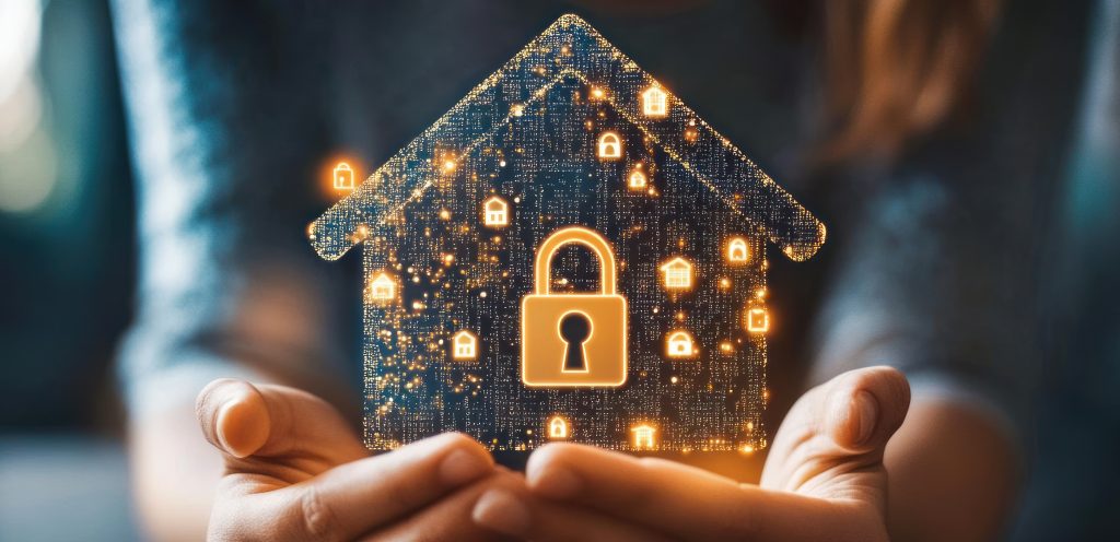Hands holding a house with a lock representing home protection and homeowners' insurance.
