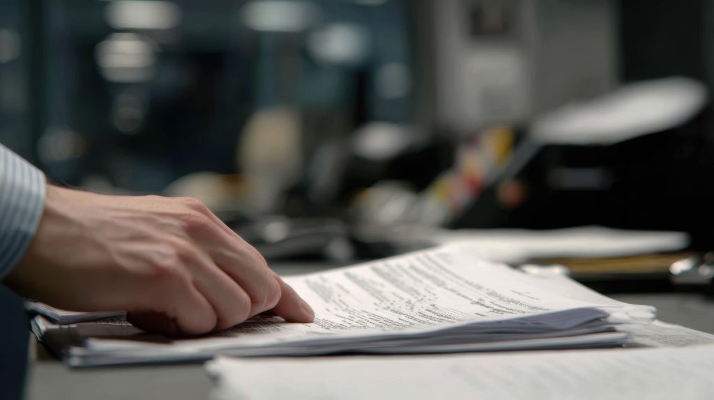 Insurance professional reviewing policy documents and risk management paperwork at a desk