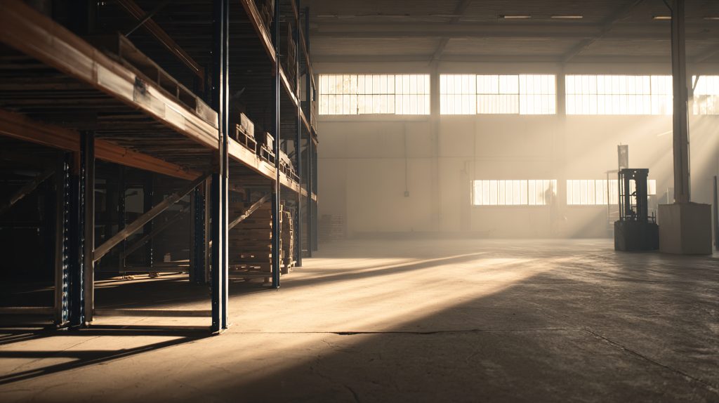 Empty warehouse in North Carolina with shelving and a forklift highlighted by sunlight