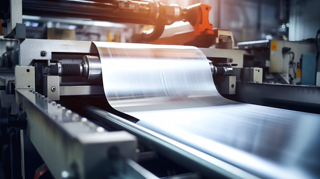 Printing press in a North Carolina manufacturing facility producing materials at high speed.