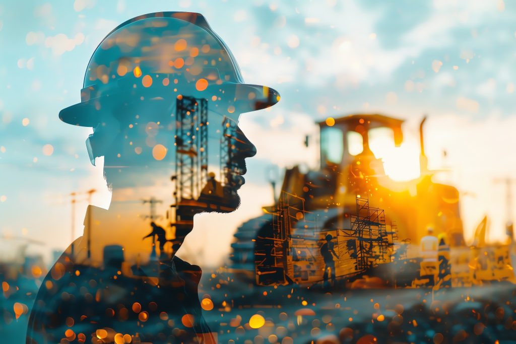 Silhouette of a North Carolina contractor on a construction site with heavy equipment, highlighting the need for pollution liability insurance for contractors.