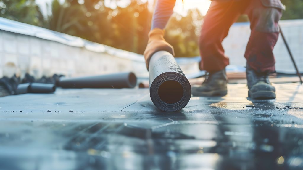 North Carolina roofing contractor applying waterproofing materials, showing common exposures where pollution liability insurance coverage is essential.