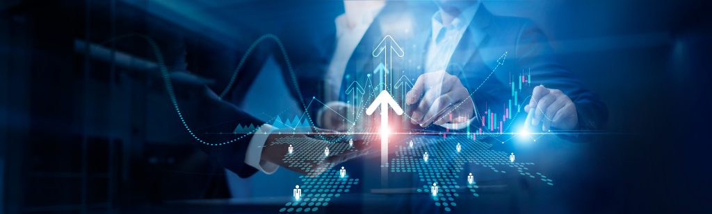 business growth visualization with upward arrows and data analytics