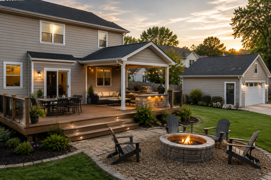 Home improvements and insurance considerations for a North Carolina home with a deck, outdoor kitchen, detached garage, and fire pit