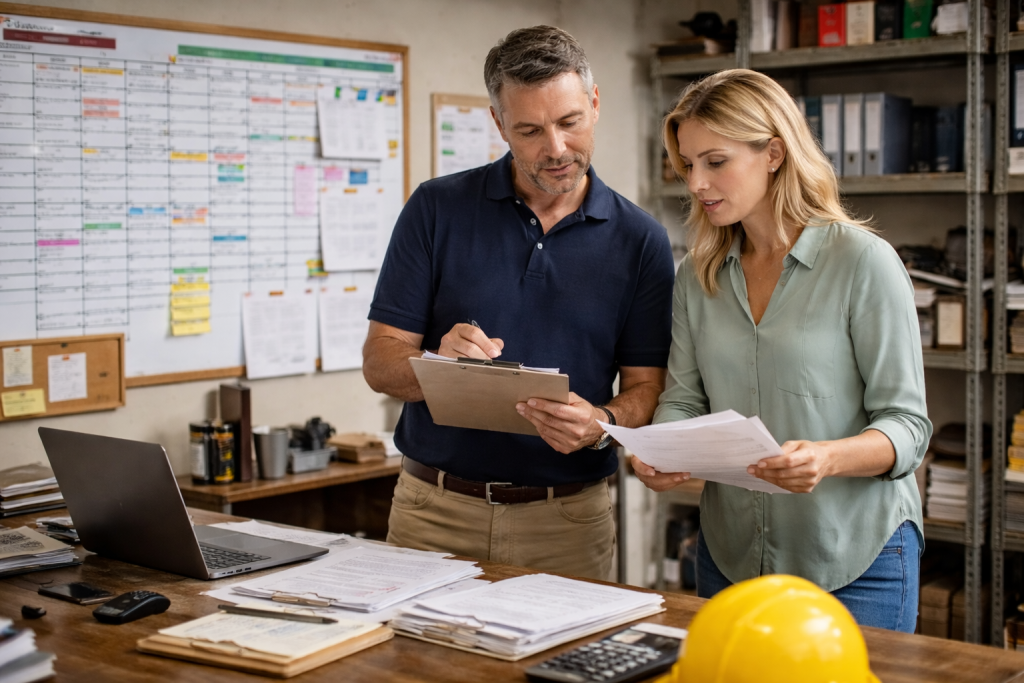 NC Local business owners reviewing operational documents in a warehouse back office. Operational Risk Decisions