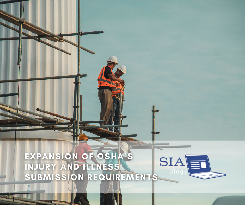 Construction workers in safety vests and helmets are collaborating on a scaffolding structure, demonstrating teamwork in a construction environment. The image highlights the importance of safety in workplace settings, relevant to OSHA's injury and illness submission requirements.