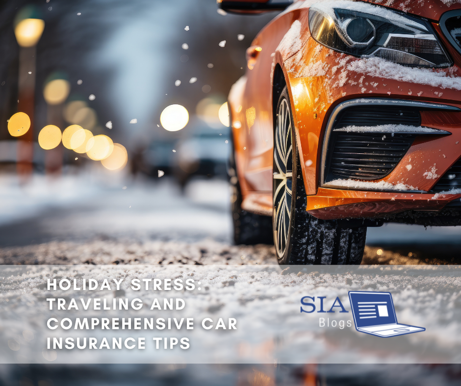 A close-up of a car driving on a snowy street with snow on its tires and body, while blurred streetlights glow in the background. The caption reads, "Holiday Stress: Traveling and Comprehensive Car Insurance Tips," along with the SIA Blogs logo.