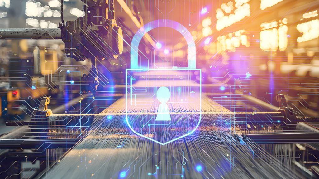 Digital cybersecurity overlay on North Carolina manufacturing equipment highlighting data and network protection.