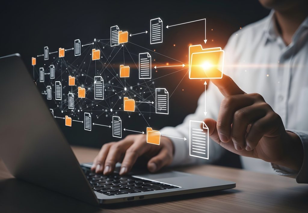 Digital document management and insurance workflow representing organized risk and compliance processes